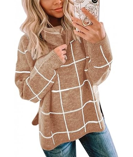 ECOWISH Women Fall Pullover Sweater Turtleneck Plaid Long Sleeve Loose Casual Chunky Checked Knit Winter Sweaters Jumper Tops