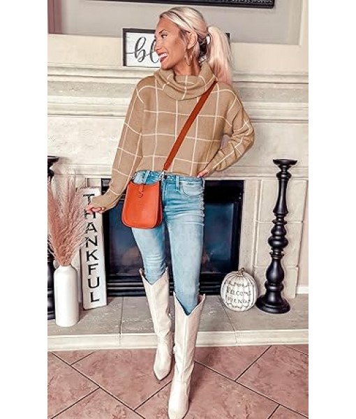 ECOWISH Women Fall Pullover Sweater Turtleneck Plaid Long Sleeve Loose Casual Chunky Checked Knit Winter Sweaters Jumper Tops