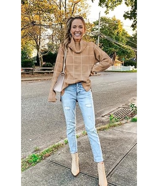 ECOWISH Women Fall Pullover Sweater Turtleneck Plaid Long Sleeve Loose Casual Chunky Checked Knit Winter Sweaters Jumper Tops