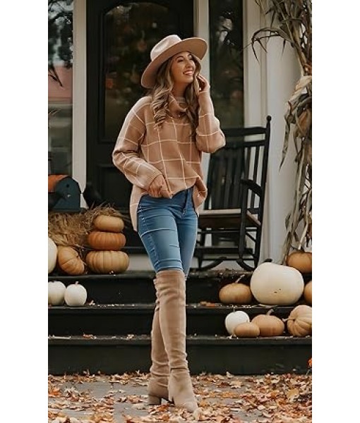 ECOWISH Women Fall Pullover Sweater Turtleneck Plaid Long Sleeve Loose Casual Chunky Checked Knit Winter Sweaters Jumper Tops