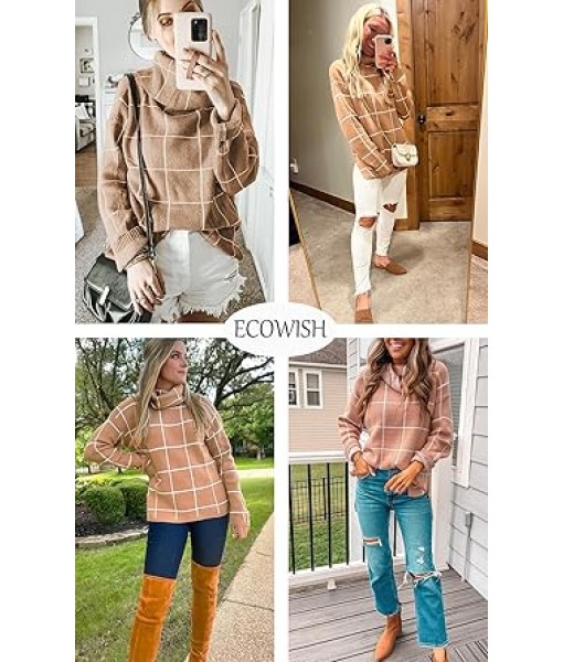 ECOWISH Women Fall Pullover Sweater Turtleneck Plaid Long Sleeve Loose Casual Chunky Checked Knit Winter Sweaters Jumper Tops