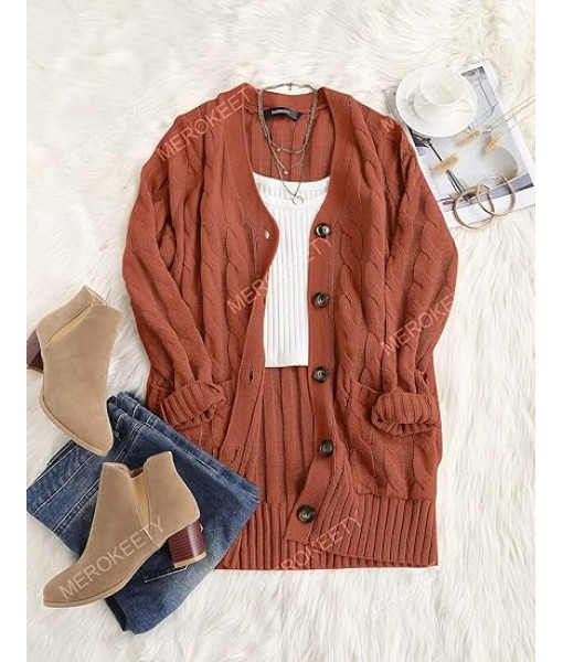 MEROKEETY Women's  Fall Long Sleeve Cable Knit Sweater Open Front Cardigan Button Loose Outerwear
