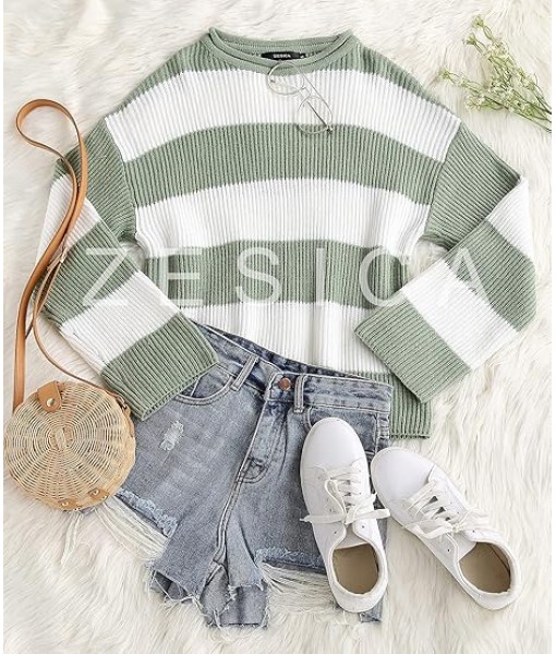 ZESICA Women's Fall Long Sleeve Crew Neck Striped Color Block Comfy Loose Oversized Knitted Pullover Sweater