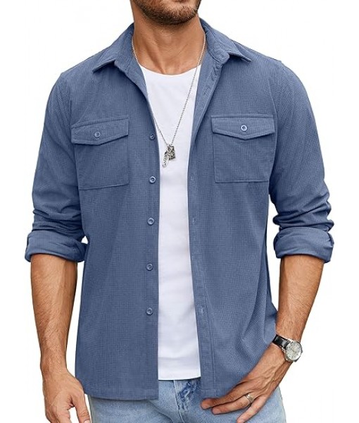 COOFANDY Men's Button Down Waffle Shirt Jacket Casual Long Sleeve Shacket Lightweight Overshirts with Flap Pockets