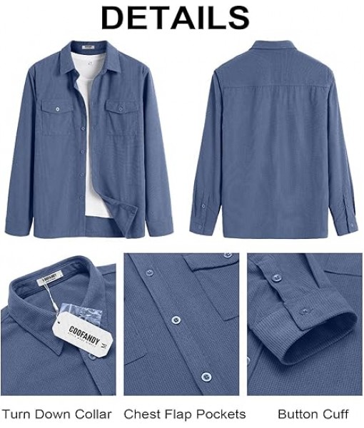COOFANDY Men's Button Down Waffle Shirt Jacket Casual Long Sleeve Shacket Lightweight Overshirts with Flap Pockets