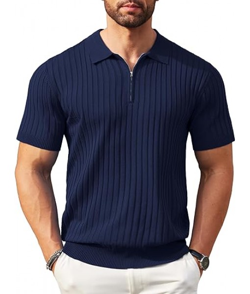 COOFANDY Men's Zipper Polo Shirts Short Sleeve Ribbed Knit Polo T Shirts Fashion Casual Golf Shirts