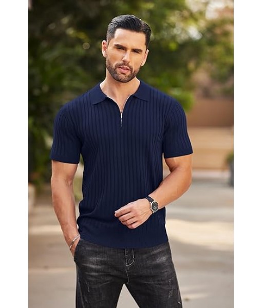 COOFANDY Men's Zipper Polo Shirts Short Sleeve Ribbed Knit Polo T Shirts Fashion Casual Golf Shirts