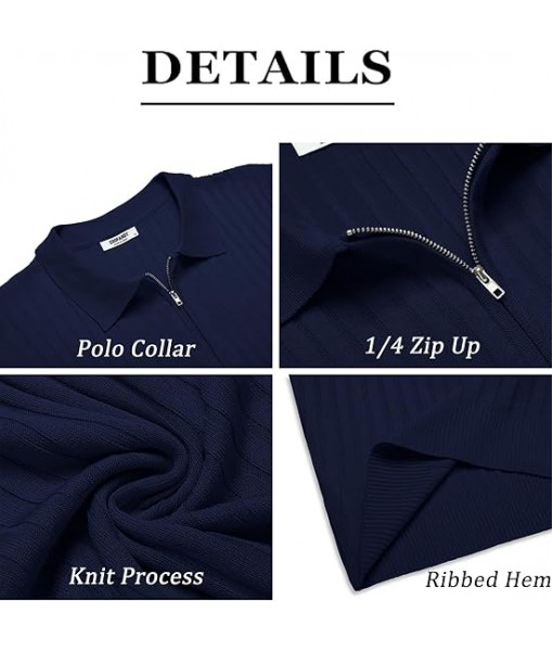 COOFANDY Men's Zipper Polo Shirts Short Sleeve Ribbed Knit Polo T Shirts Fashion Casual Golf Shirts