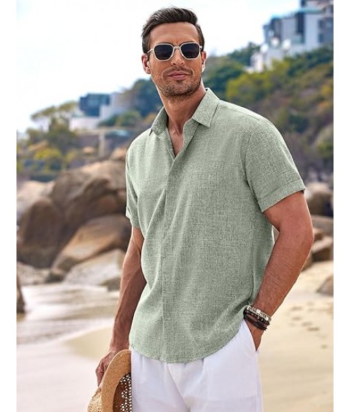 COOFANDY Men's Linen Shirts Short Sleeve Casual Shirts Button Down Shirt for Men Beach Summer Wedding Shirt
